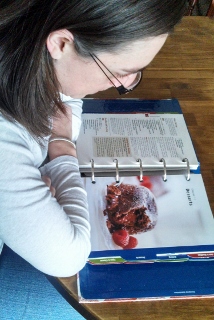 The author studying her favorite topic (desserts)