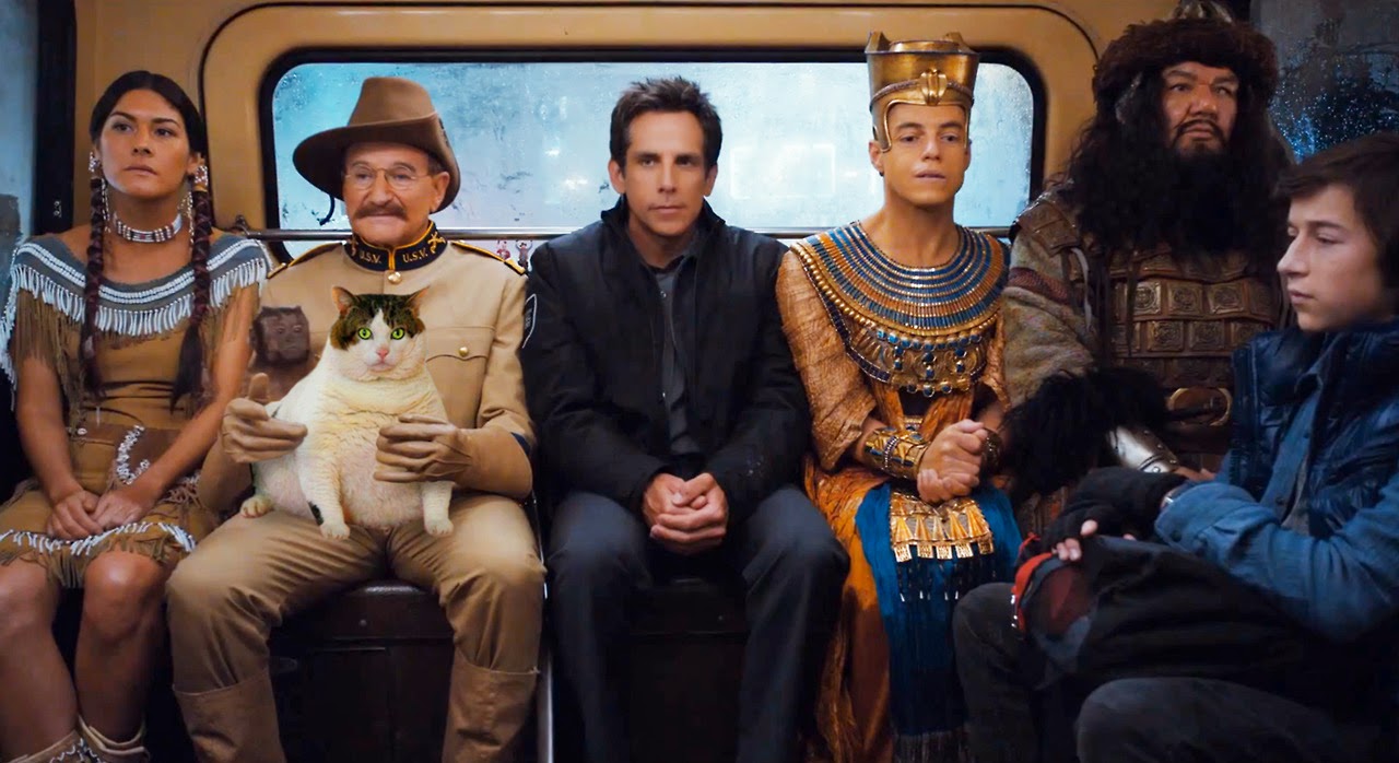 The main characters of Night of at the Museum in the back of a car